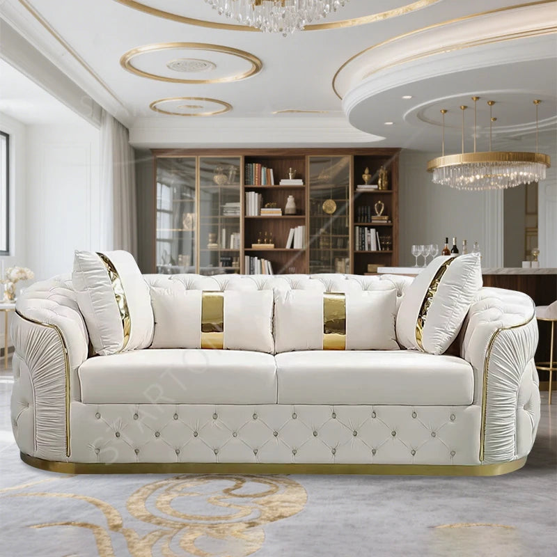 Factory Outlet European Luxury Rose Gold Leg White Chesterfield Sofa Velvet Fabric Button Tufted Living Room Couch Set Furniture