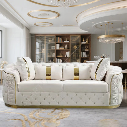 Factory Outlet European Luxury Rose Gold Leg White Chesterfield Sofa Velvet Fabric Button Tufted Living Room Couch Set Furniture