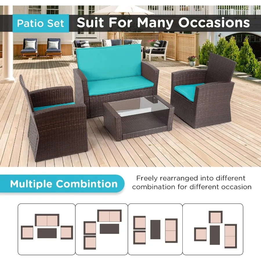 4 Piece AllWeather Outdoor Patio Furniture Set with Brown Rattan Sofa Chairs and Blue Cushions Perfect for Porch and Deck Use D