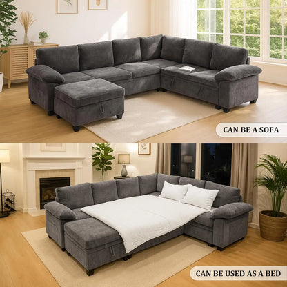 108 Inch Sectional Sleeper L Shaped Sofa with Pull Out Bed, 7 Seat Modular Sectional Sofa with Storage, Modern, Customized