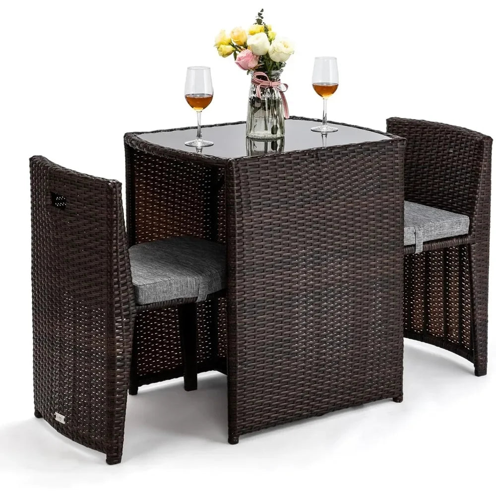 3-piece wicker patio bistro set, glass top table and chairs for small space balcony dining