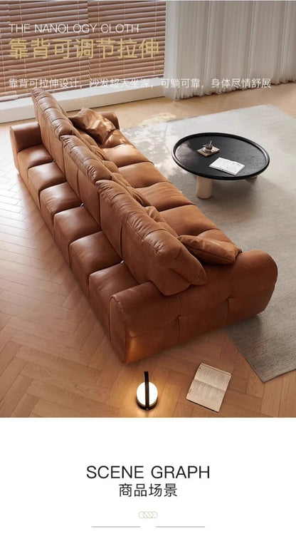 Retro oil wax leather sofa, small apartment living room straight row sofa, large sitting depth movable backrest medium ancient