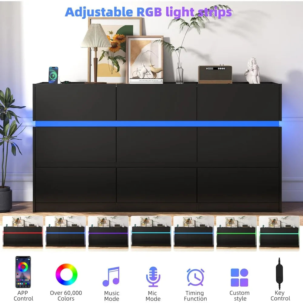 Black Dresser 9 Drawers - 61.4 Wide Chest of Drawer Organizer with Charging Station and LED Lights, Modern TV Stand Drawer Cabin