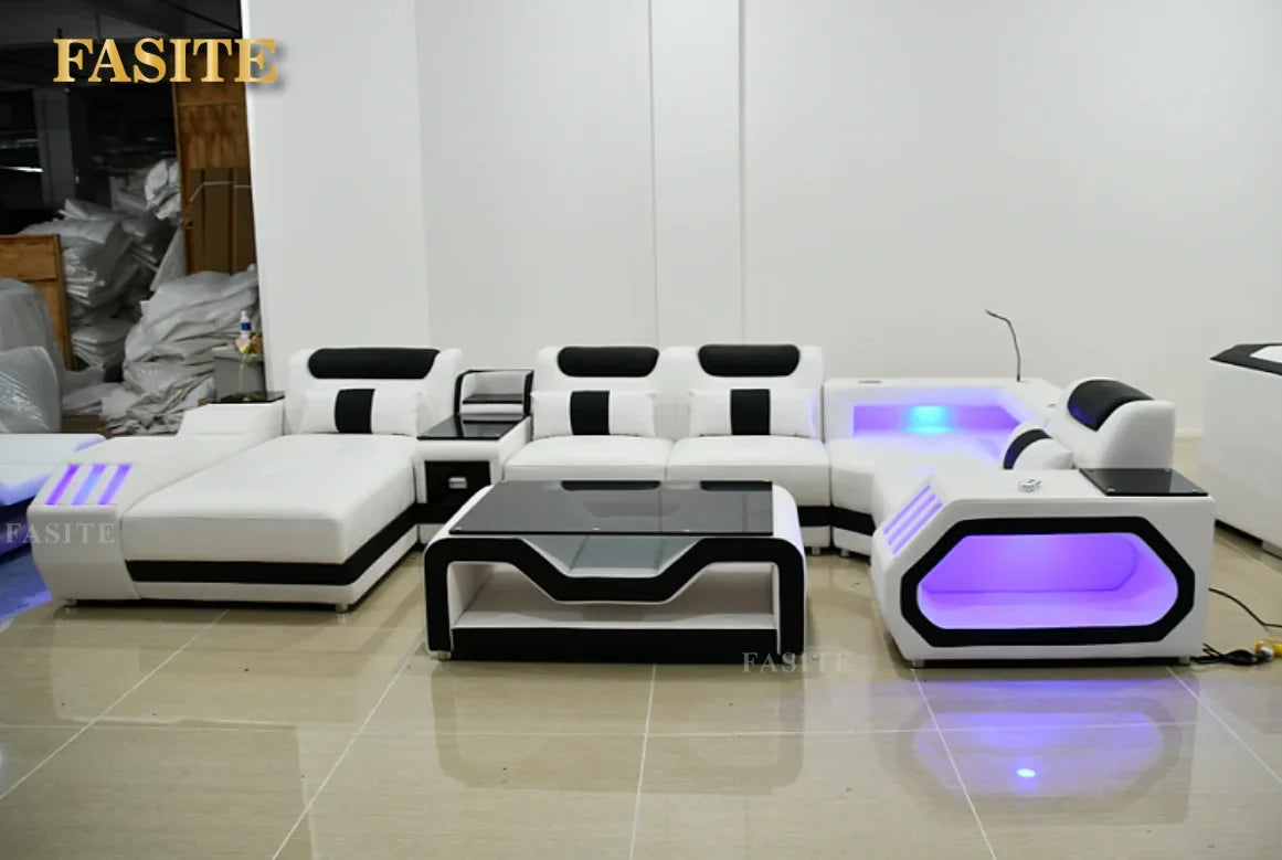Modern Living Room Sofa Set Genuine Leather Sofas with USB Music Speaker
