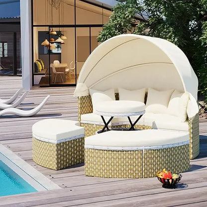 U_STYLE Outdoor Patio Furniture Set Daybed Sunbed with Retractable Canopy Conversation Set Wicker Furniture As same as WY000281