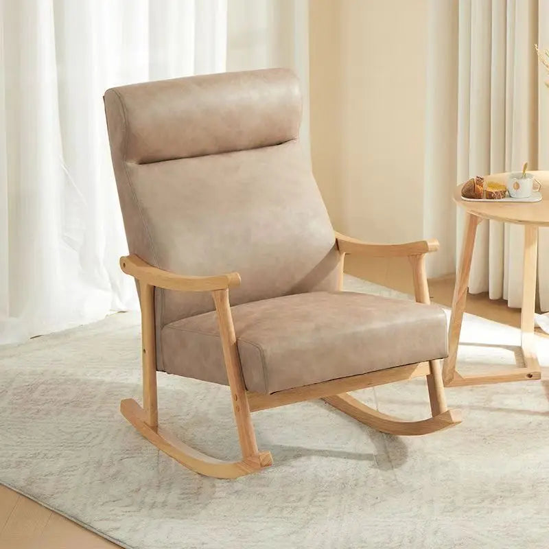 Wooden Rocking Chair Lounge Chair High Backrest Rocking Armchair Accent Chair with Lumber Pillow