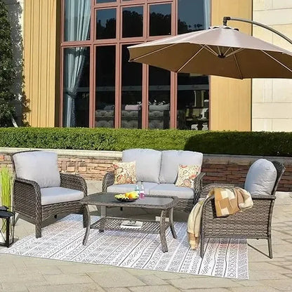 All-Weather Wicker Outdoor Sofa Set with Loveseat, Chairs, and Coffee Table - Garden Furniture Set