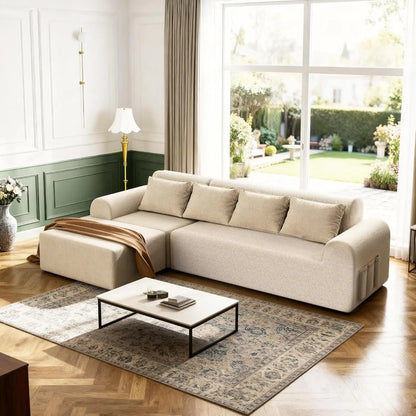 105.5" Cloud Boneless Sectional Sofa for Living Room, 4-Seater L-Shaped Comfy Couch with Ottoman, 4 Pillows, Deep, Customized