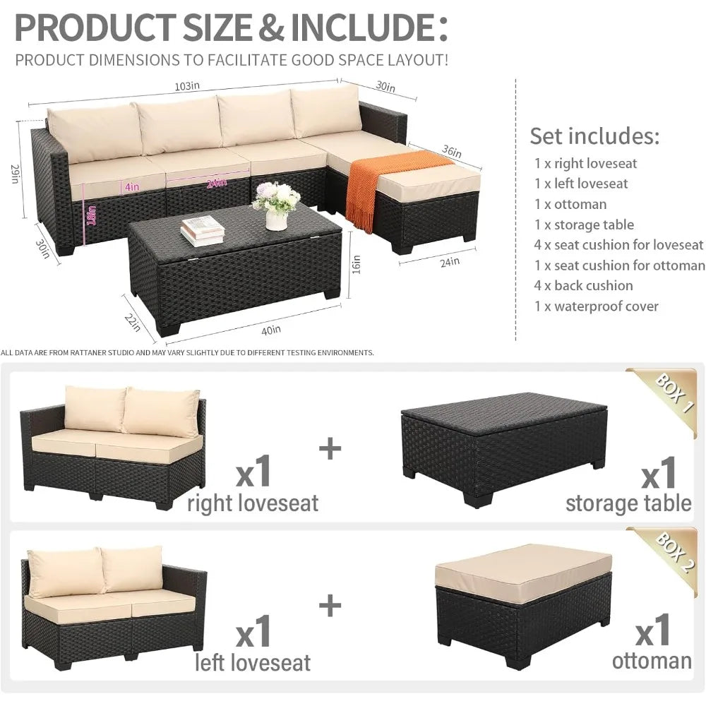 Outdoor Sectional Wicker Patio Furniture Long Patio Couch with Ottoman and Outdoor Storage Table 4 Pieces Patio Furniture Set