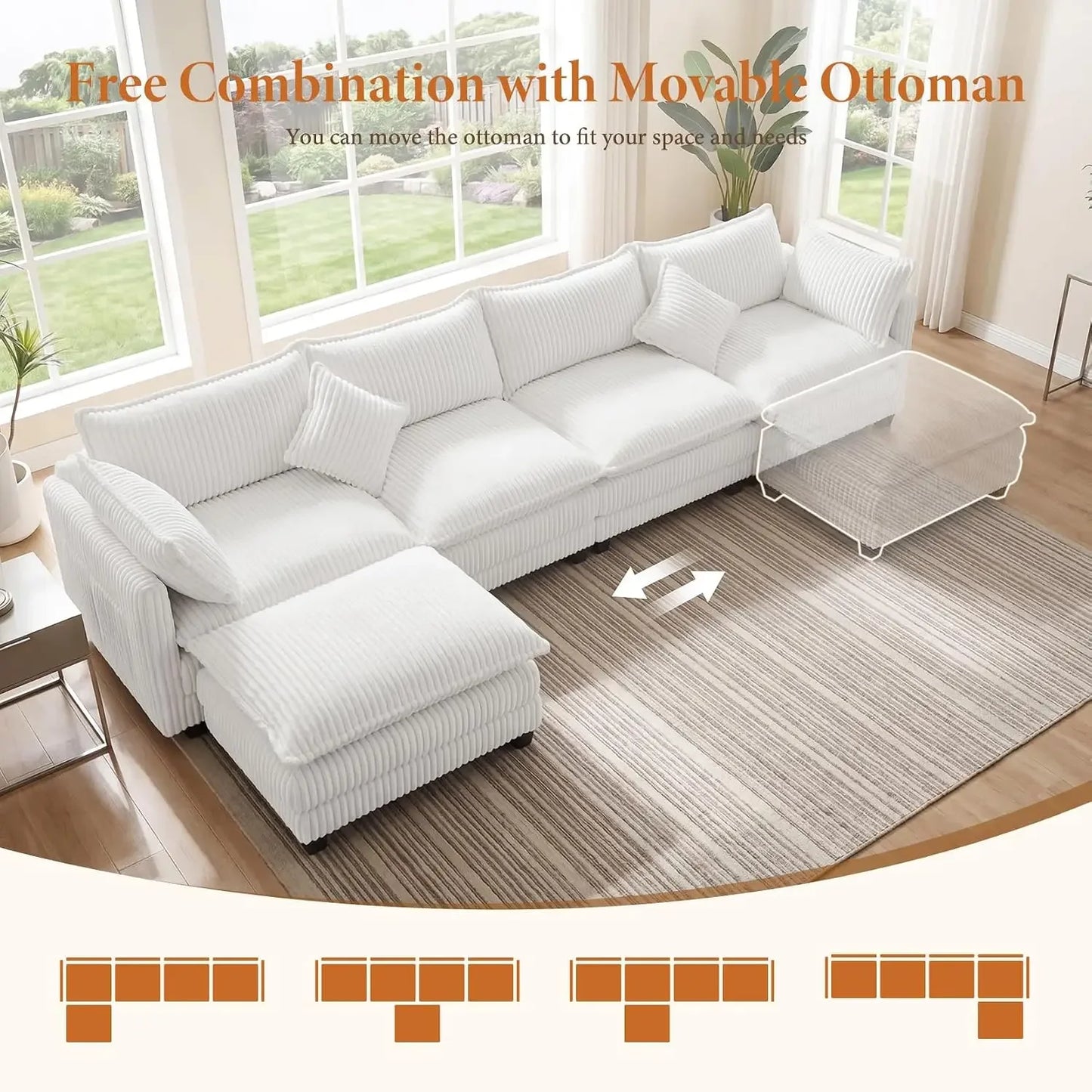 143" L Shaped Modular Sectional Sofa, Comfy Corduroy Upholstered Modular Sectional Couches for Living Room, Modern, Customized