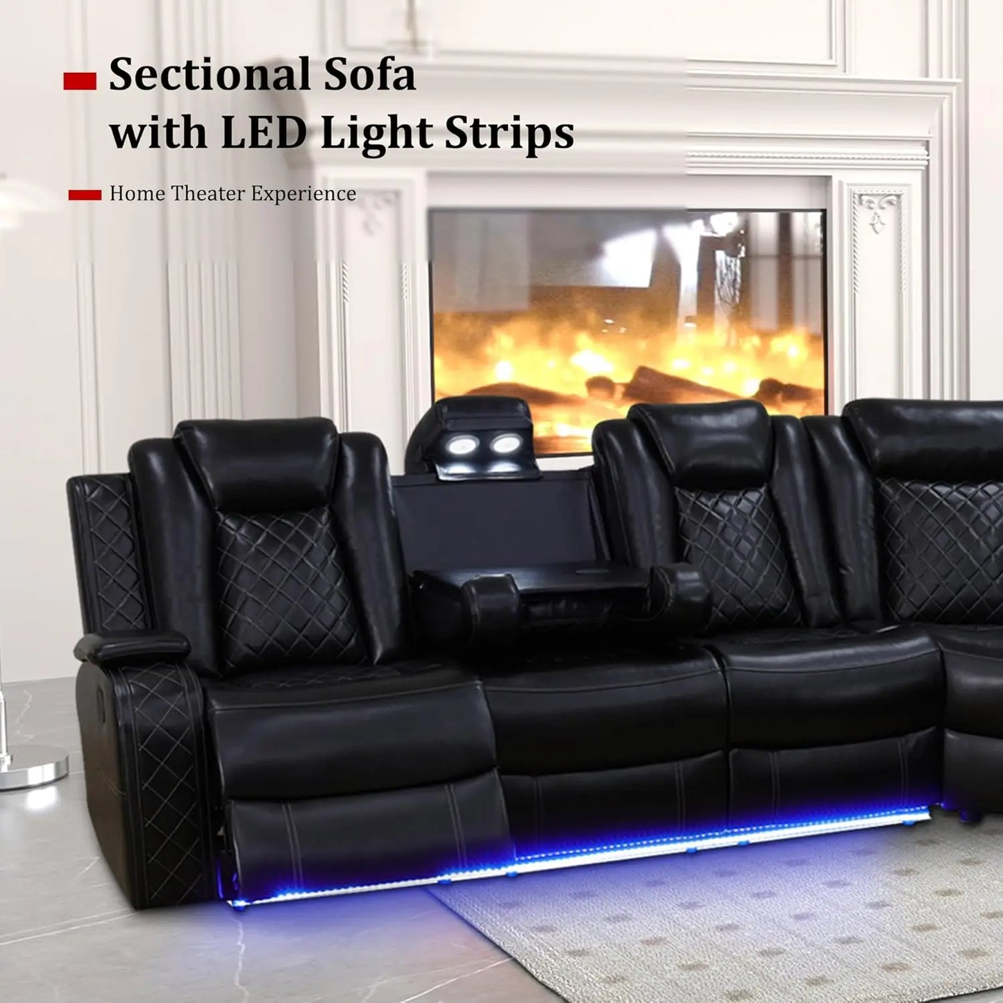 Power Recliner Sectional Sofa with LED Lights, USB Ports & Cup Holders - 6 Seater Living Room Set