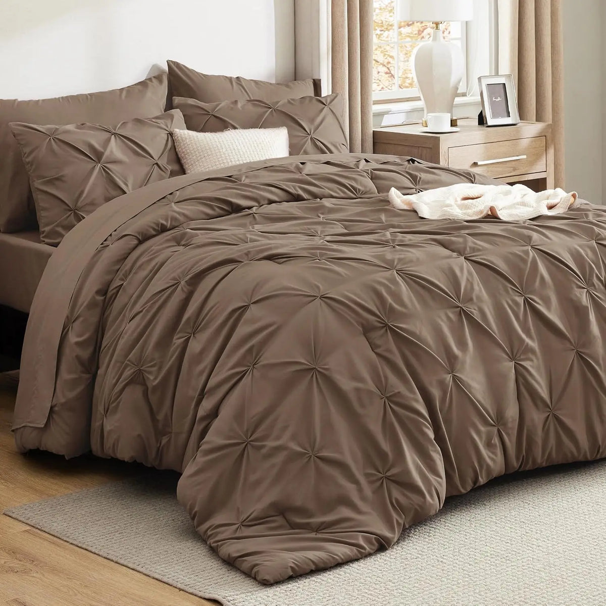 Queen Comforter Set Brown Bed in a Bag Queen Size 7 Pieces GentleSoft™ Pintuck Bed Set Gift for Family Pinch Pleat Brown Comfort