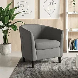 Accent Chair, Upholstered Faux Leather Barrel Chair with Nailed Trim, Comfy Club Armchair for Reading Living Room Bedroom Waitin