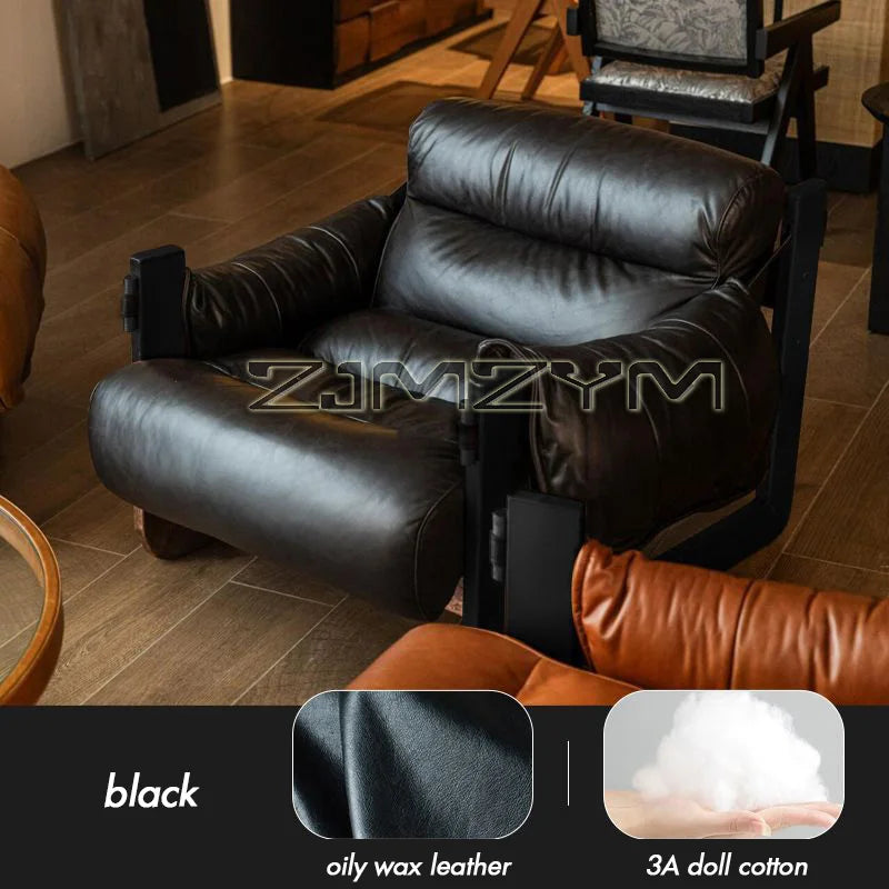 Oil Wax Leather Single Chair Casual Home Sofa Lounge Chairs, Retro Removable Washable Sofa All Solid Metal Base