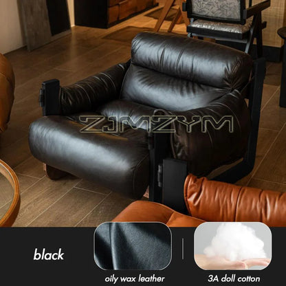 Oil Wax Leather Single Chair Casual Home Sofa Lounge Chairs, Retro Removable Washable Sofa All Solid Metal Base