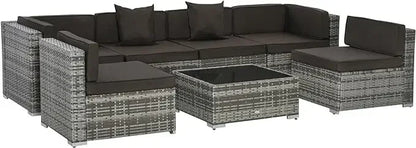 7-Piece Patio Furniture Set, Outdoor Wicker Conversation Set, All Weather PE Rattan Sectional Sofa Set with Glass Table, Pillows