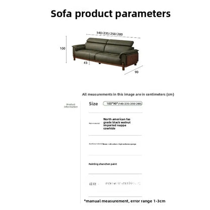 Furniture: leather sofa, living room, first layer yellow cowhide, vintage sofa, minimalist and light luxury, black walnut sofa