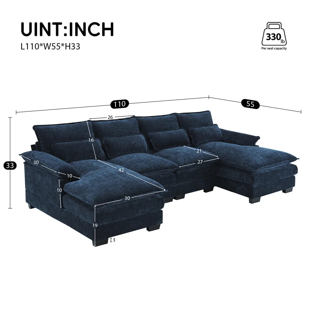Couch U-shaped Sectional Sofa Japanese Dark Blue Sleeper Sofa  with Waist Pillows Double Chaise Lounge for Living Room Apartment