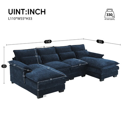 Couch U-shaped Sectional Sofa Japanese Dark Blue Sleeper Sofa  with Waist Pillows Double Chaise Lounge for Living Room Apartment