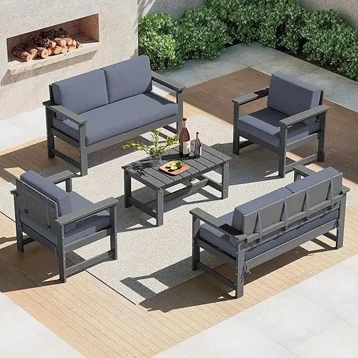 5 Pieces HDPE Outdoor Sofa Set with Cushions, All Weather Use Patio Conversation Couch Loveseat Furniture with Coffee Table for