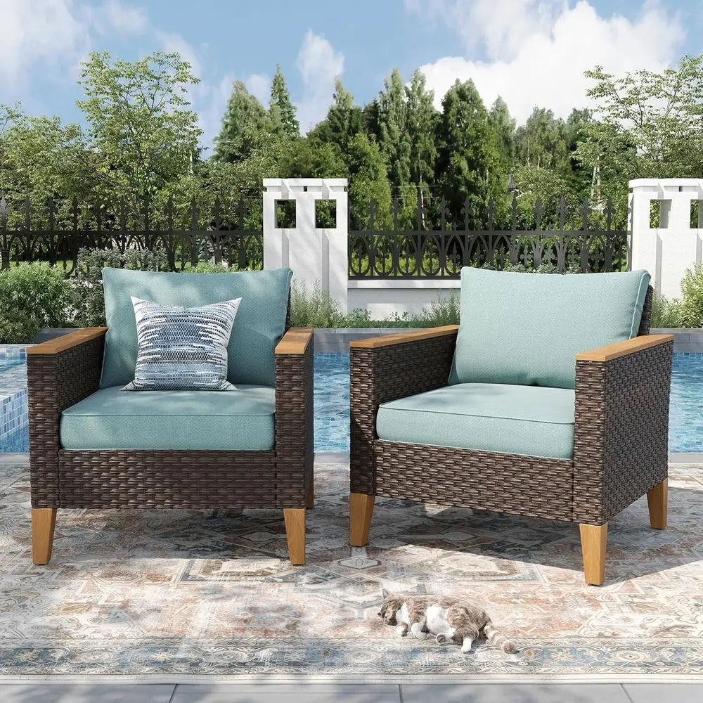 2 Pieces Patio Sofa Set, Rattan Sofa Set with Deep Seating or Poolside, Garden 2 x Single Sofa, Aqua Blue