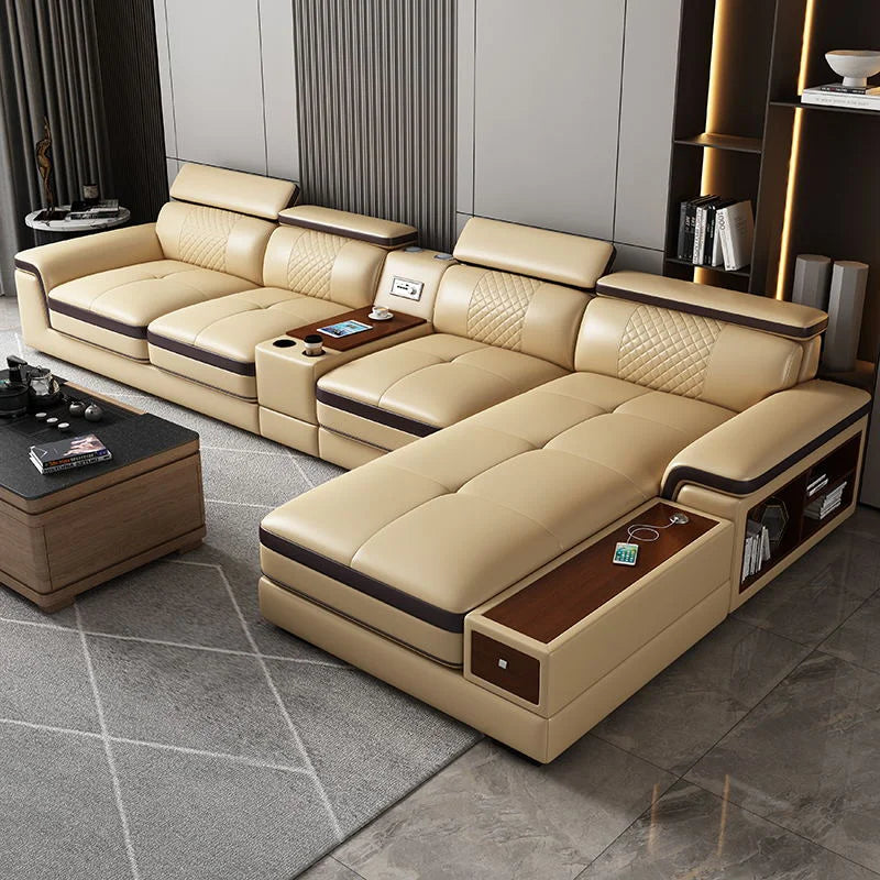 Stylish  Leather Sofa for Living Room with Cup Holder, USB, Adjustable Headrests & Bluetooth Speaker