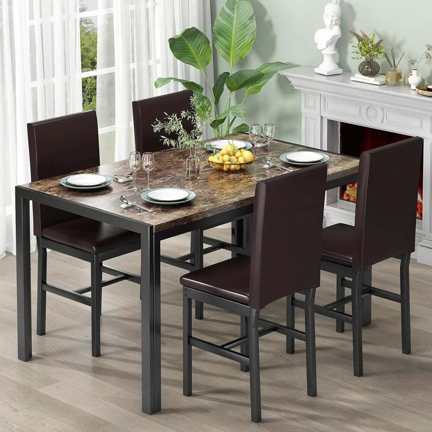 Dining Table Set for 4, Faux Marble Table with 4 PU Leather Chairs, Kitchen Breakfast Nook Set