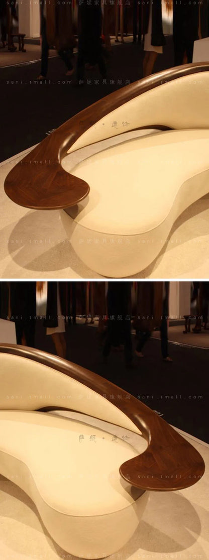 c6601 Wabi-sabi commercial sofa, three-person, curved, solid wood fabric Nordic