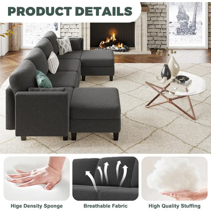 Modular Sectional Sofa, 6 Seaters Modular Sleeper Sofa Couch, Comfy Sectionals Couches Bed, Convertible Sofas with Ottomans