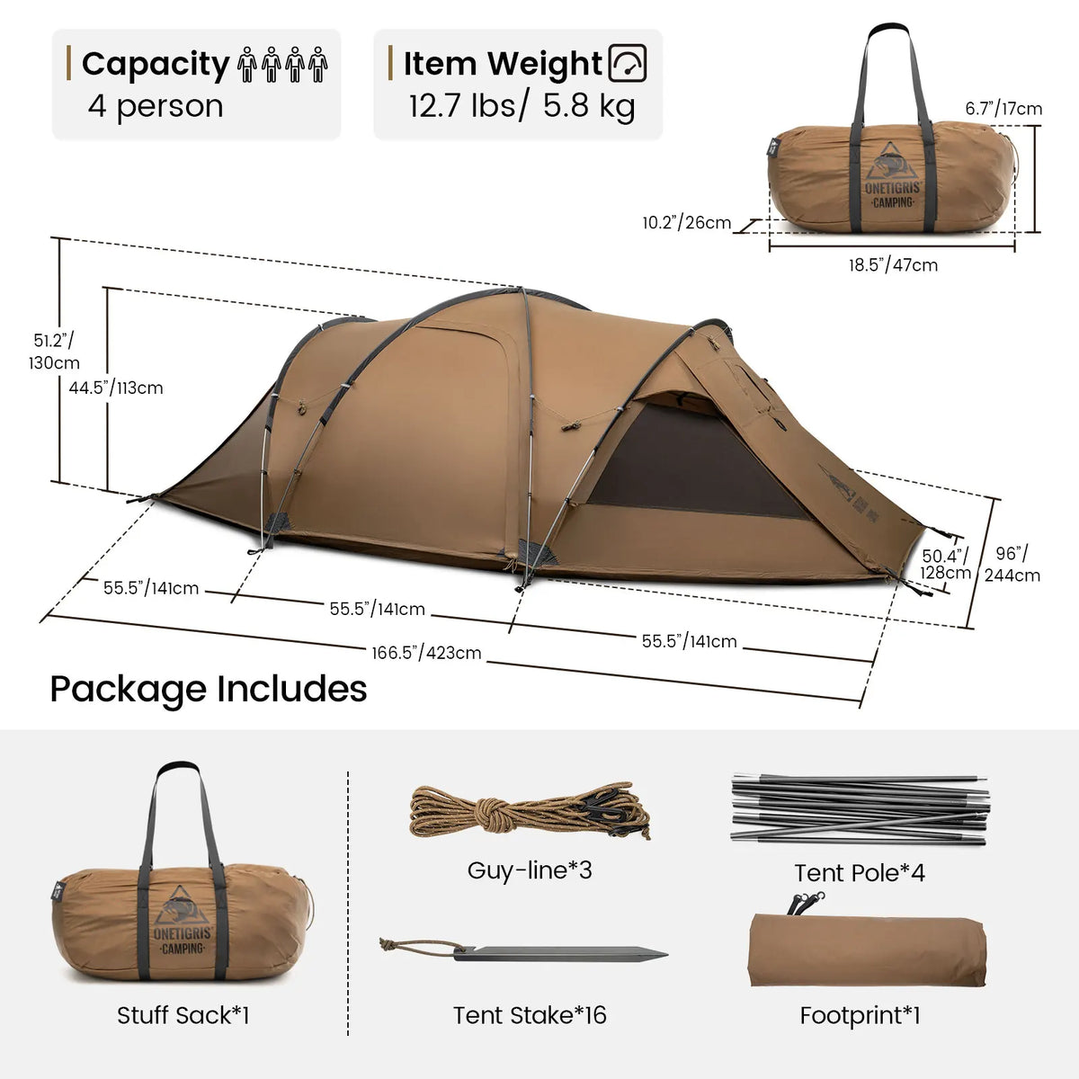 OneTigris Orbitis Tunnel Tent with Stove Jack 4 Person Lightweight Camping Hot Tent with Mesh Vent for Glamping Bushcraft Travel