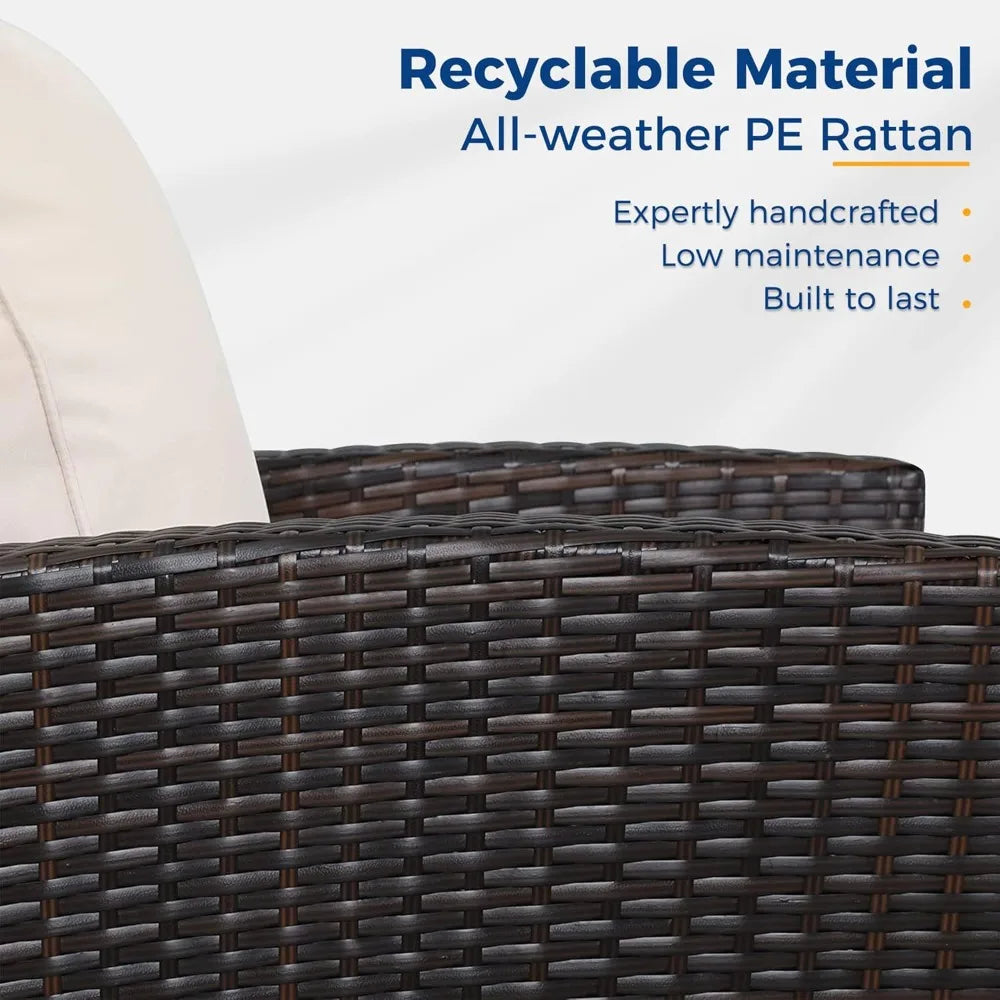 brown wicker outdoor patio furniture set with 4 pieces, conversation area for deck or porch, includes cushioned rattan sofa chai