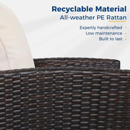 brown wicker outdoor patio furniture set with 4 pieces, conversation area for deck or porch, includes cushioned rattan sofa chai