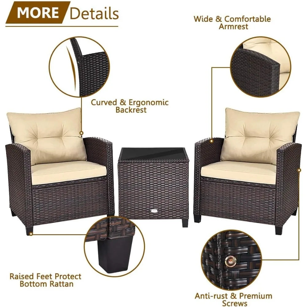 3 Pieces Patio Conversation Set, Outdoor Furniture Set PE Rattan Sofa Set With Removable Cushions, PE Wicker Chairs W