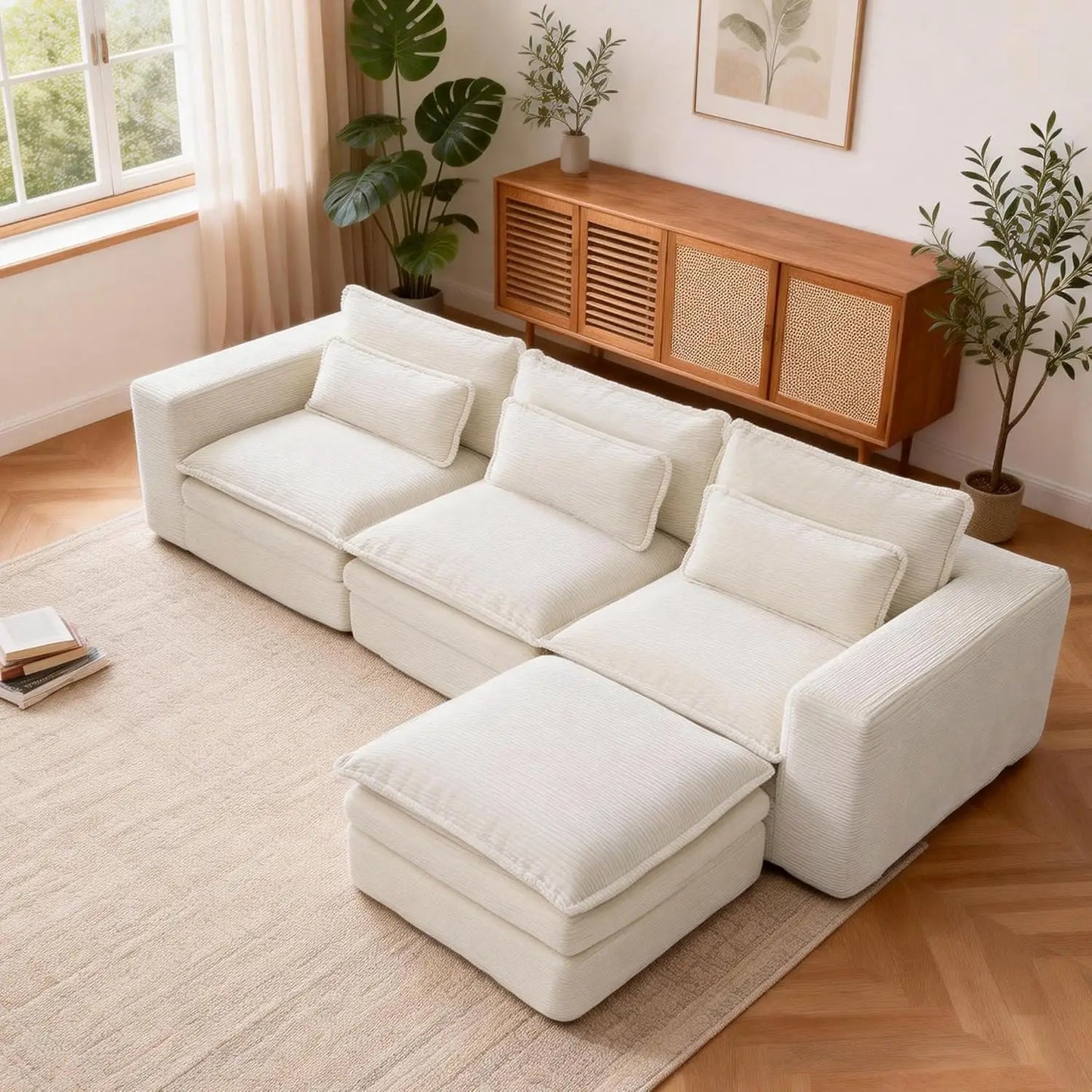 109" L Shape Modular Sectional Sofa with Ottoman, Boneless Couch Three-Layer Deep 3 Seat Convertible Pull Out Sofa, Customized