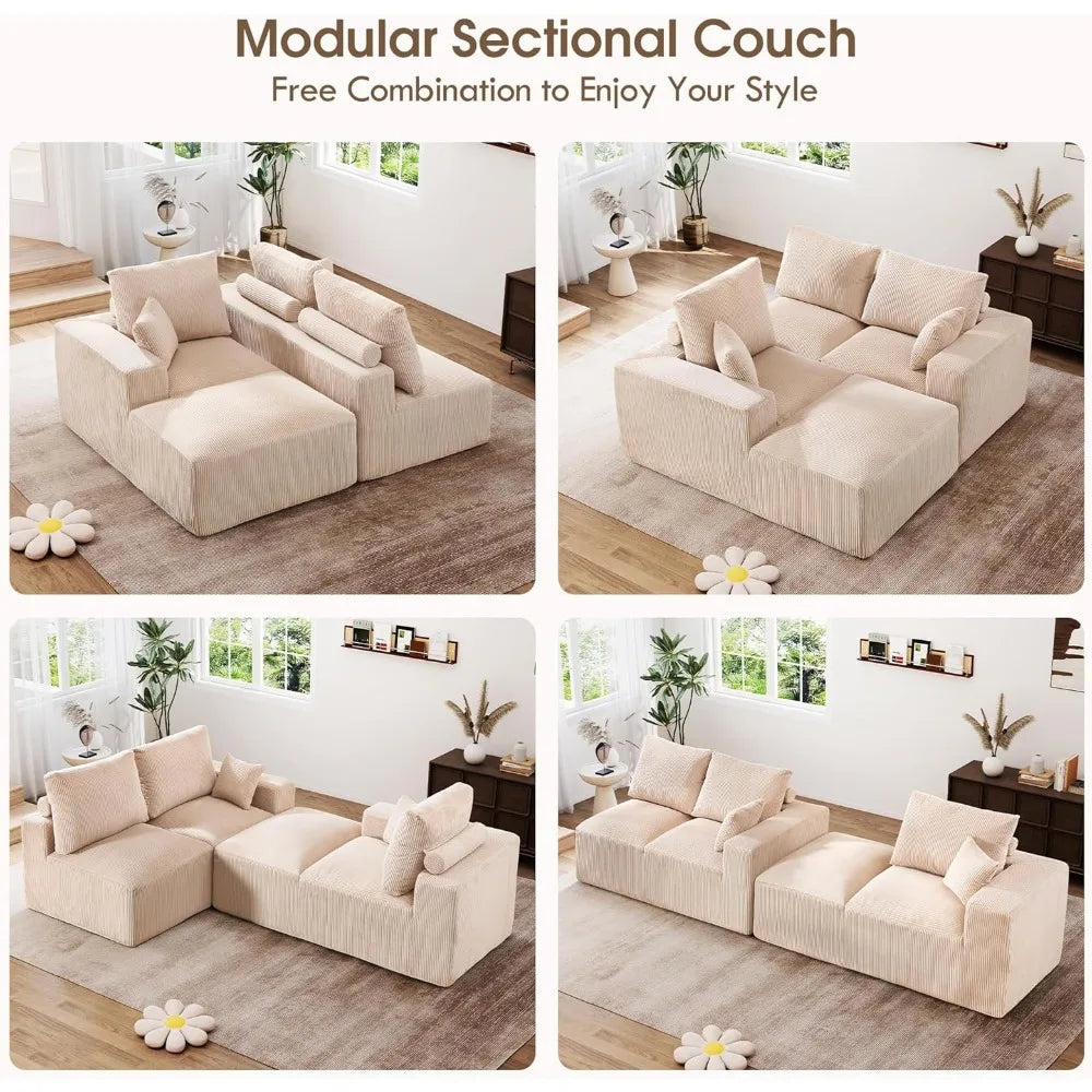Modern Oversized L-Shape Corduroy Sectional Sofa with Comfort Height and Neck Pillow for Living Room