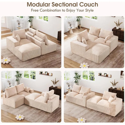 Modern Oversized L-Shape Corduroy Sectional Sofa with Comfort Height and Neck Pillow for Living Room
