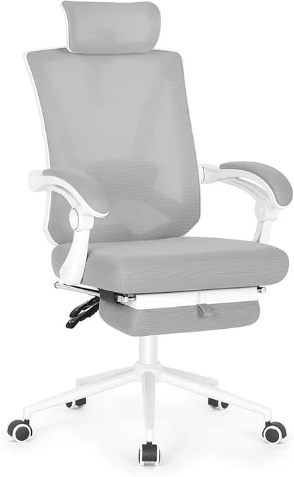 "ergonomic office chair with built-in footrest and adjustable lumbar support for high-back comfort"