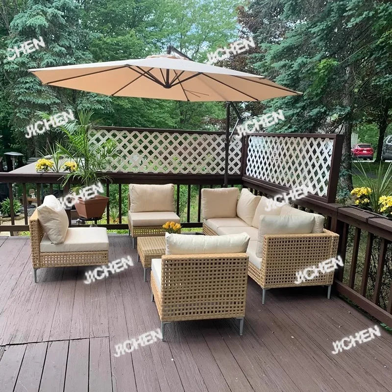 XJC Outdoor Rattan Sofa Combination Bed And Breakfast Balcony Courtyard Outdoor Open-air Garden Sun Room Leisure Small