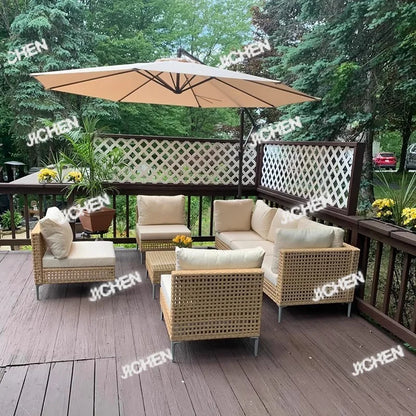 XJC Outdoor Rattan Sofa Combination Bed And Breakfast Balcony Courtyard Outdoor Open-air Garden Sun Room Leisure Small