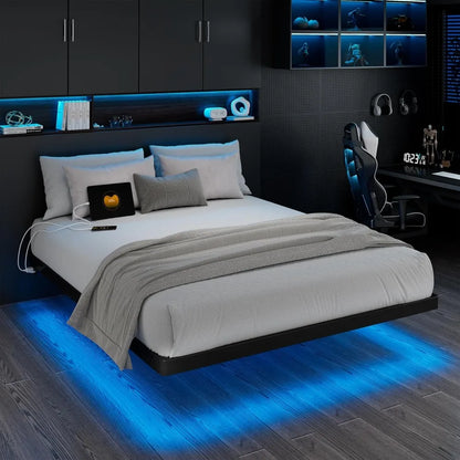 Floating Bed Frame with Charging Station and Led Light, Platform Metal Bed Frame with Heavy Duty Steel Slats Support