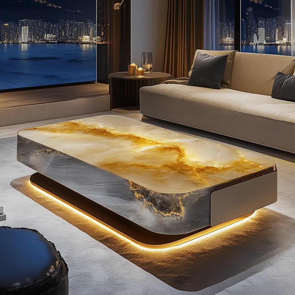Square luminous jade luxury stone coffee table living room custom modern light luxury style large flat floor home