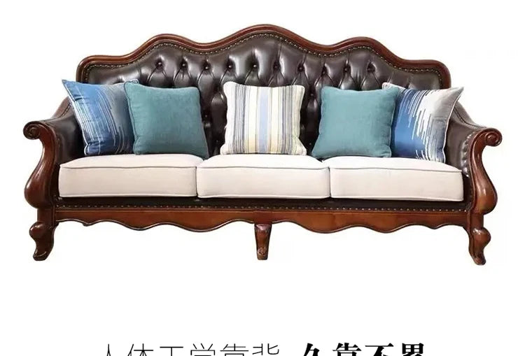 4*American all-solid wood leather sofa European double triple retro modern simple