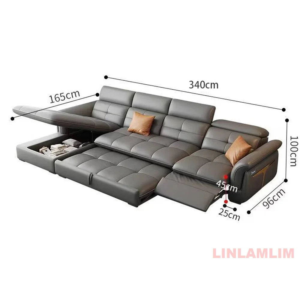 Modern Electric Recliner Sofa Bed with Adjustable Backrest, L-Shaped Multifunctional Italian Genuine Leather Sectional Couch