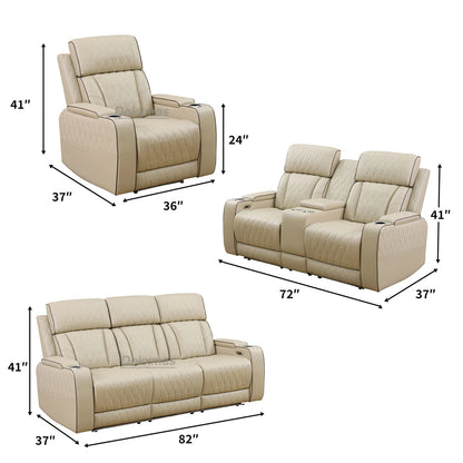 3PCS Power Recliner Sofa with Drop-Down Table Cup Holder, Beige Breathing Leather Power Reclining Sofa Set with Storage Console