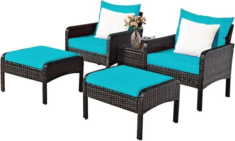 Wicker Furniture 5-Piece PE Wicker Rattan Outdoor Cushioned Sofa & Ottoman Set for Lawn, Pool, Balcony & Conversation A