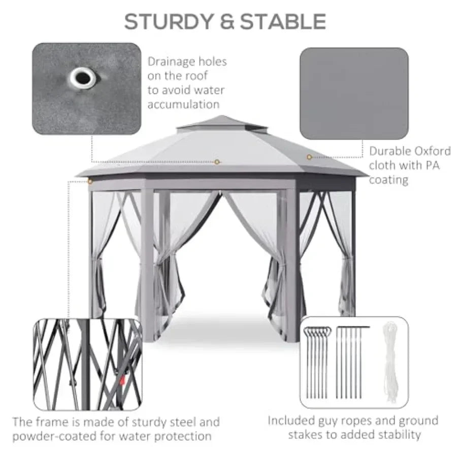 11' x 13' Pop Up Gazebo  Tent with Zippered Mesh Sidewalls and Carrying Bag Event Tent Shelter for Patio Garden Backyard Gray