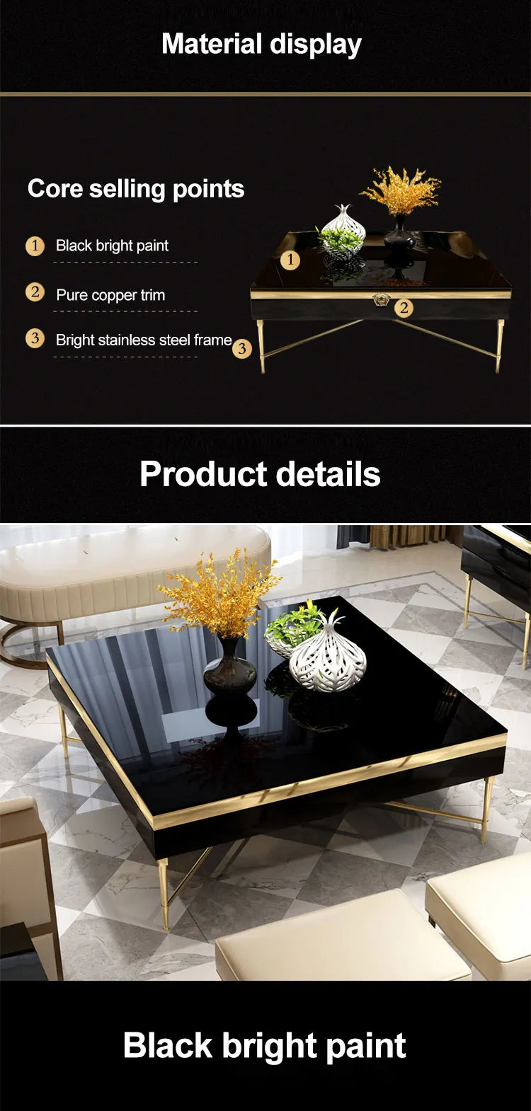 Luxury modern Italian design black glass stainless steel high-grade metal coffee table living room furniture gold coffee table