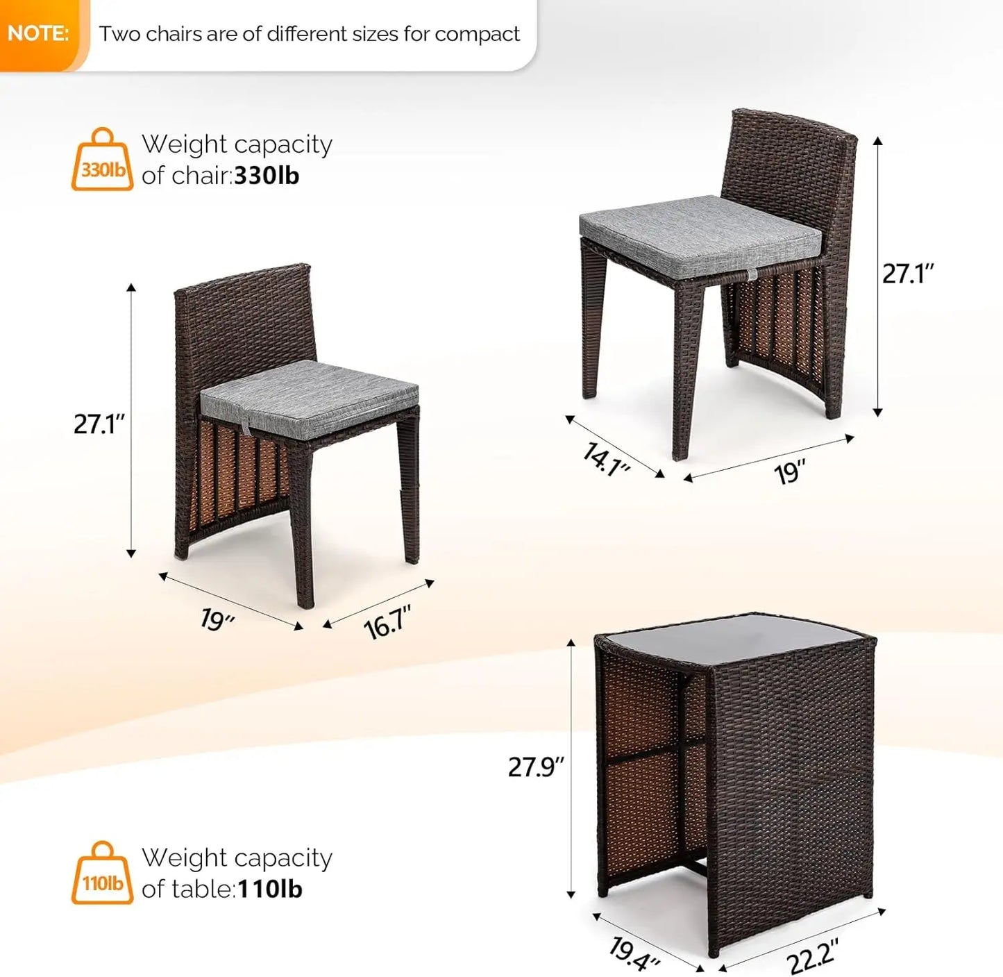[Limited Time Offer, Today Only!]3 PCS Wicker Outdoor Patio Bistro Set, Patio Furniture Set for Small Space with Glass Top Table