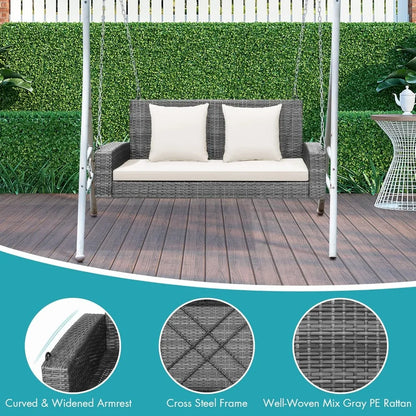 2-Person Outdoor Swing Bench with Cushions, Rustproof Metal Frame, Comfortable PE Rattan Seat and Backrest for Porch Relaxation