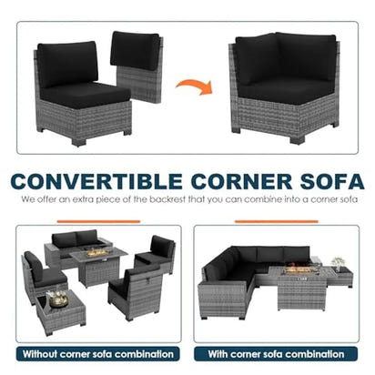 7 Piece Outdoor Patio Furniture Set with Fire Pit Table Sectional Conversation Sofa Cocktail Table Waterproof Cover Grey/Black